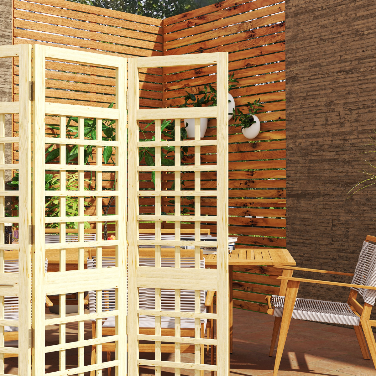 Outsunny Folding 3-Panel Fir Wood Garden Privacy Screen