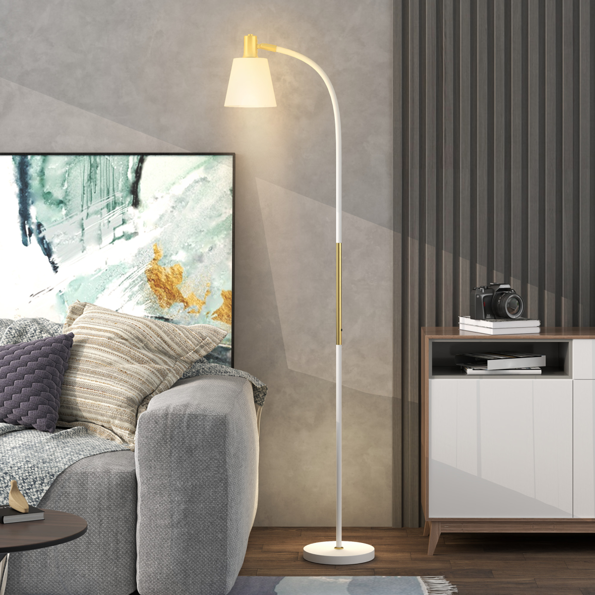 HOMCOM Adjustable Height Spotlight Floor Reading Lamp, White and Gold