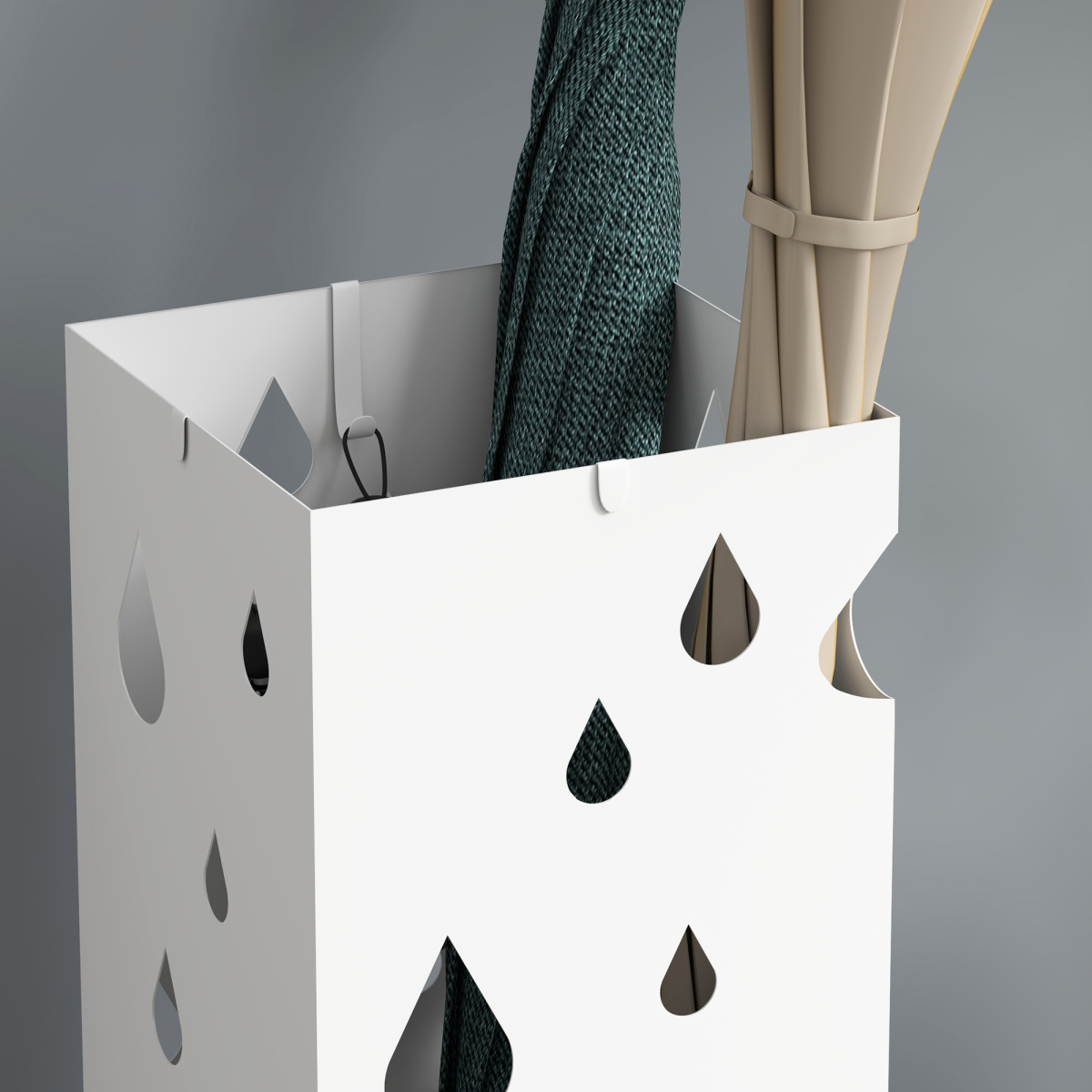 HOMCOM Square Metal Umbrella Stand with 4 Hooks and Drip Tray White