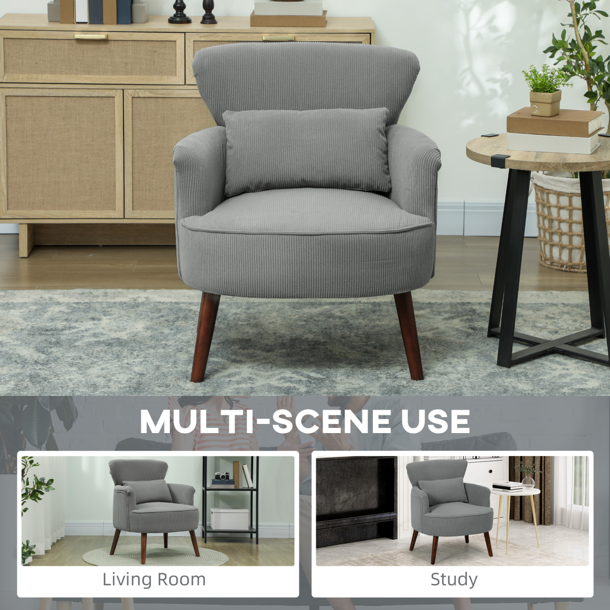 HOMCOM Wingback Corduroy Armchair with Padded Seat, Light Grey
