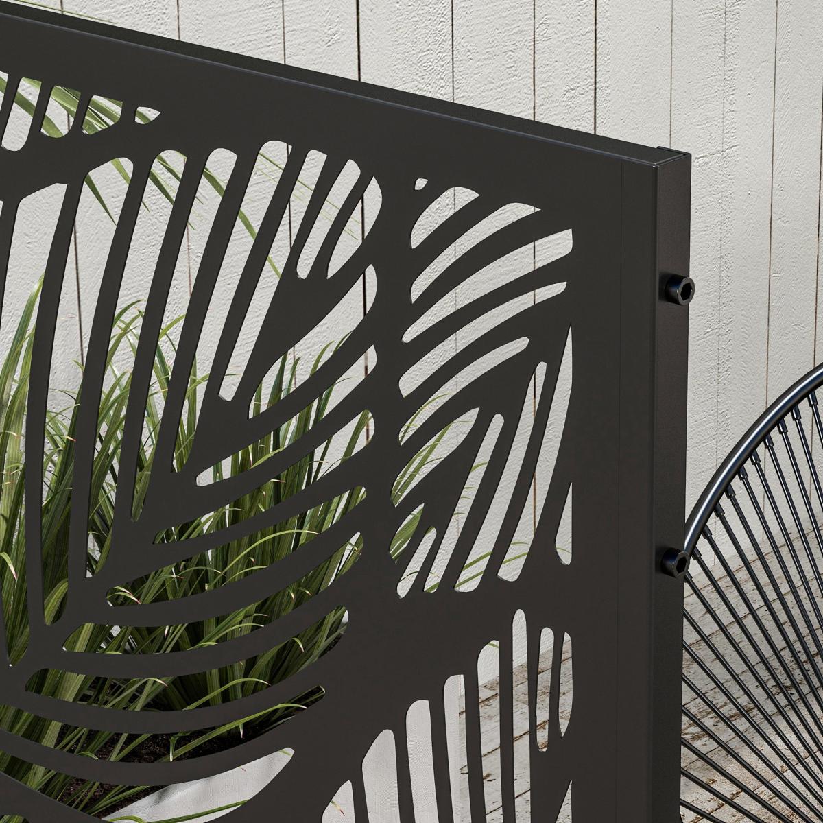 Outsunny 6.5FT Steel Outdoor Decorative Privacy Screen Panel with Stand, Leaf Design, Black