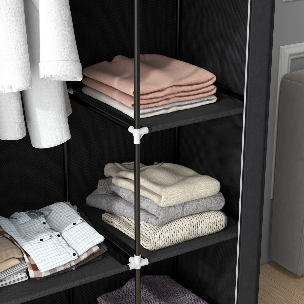HOMCOM Portable Wardrobe Closet with Hanging Rail & 6 Shelves, Black