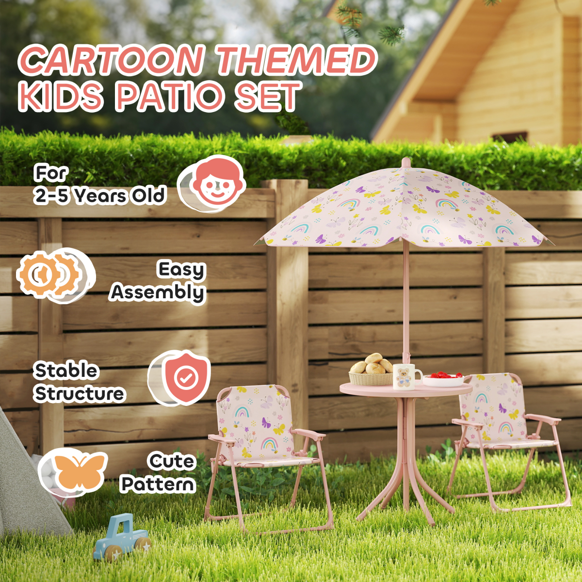 AIYAPLAY Kids Garden Table and Chairs Set, 4-Piece Outdoor Patio Set with Parasol, Pink