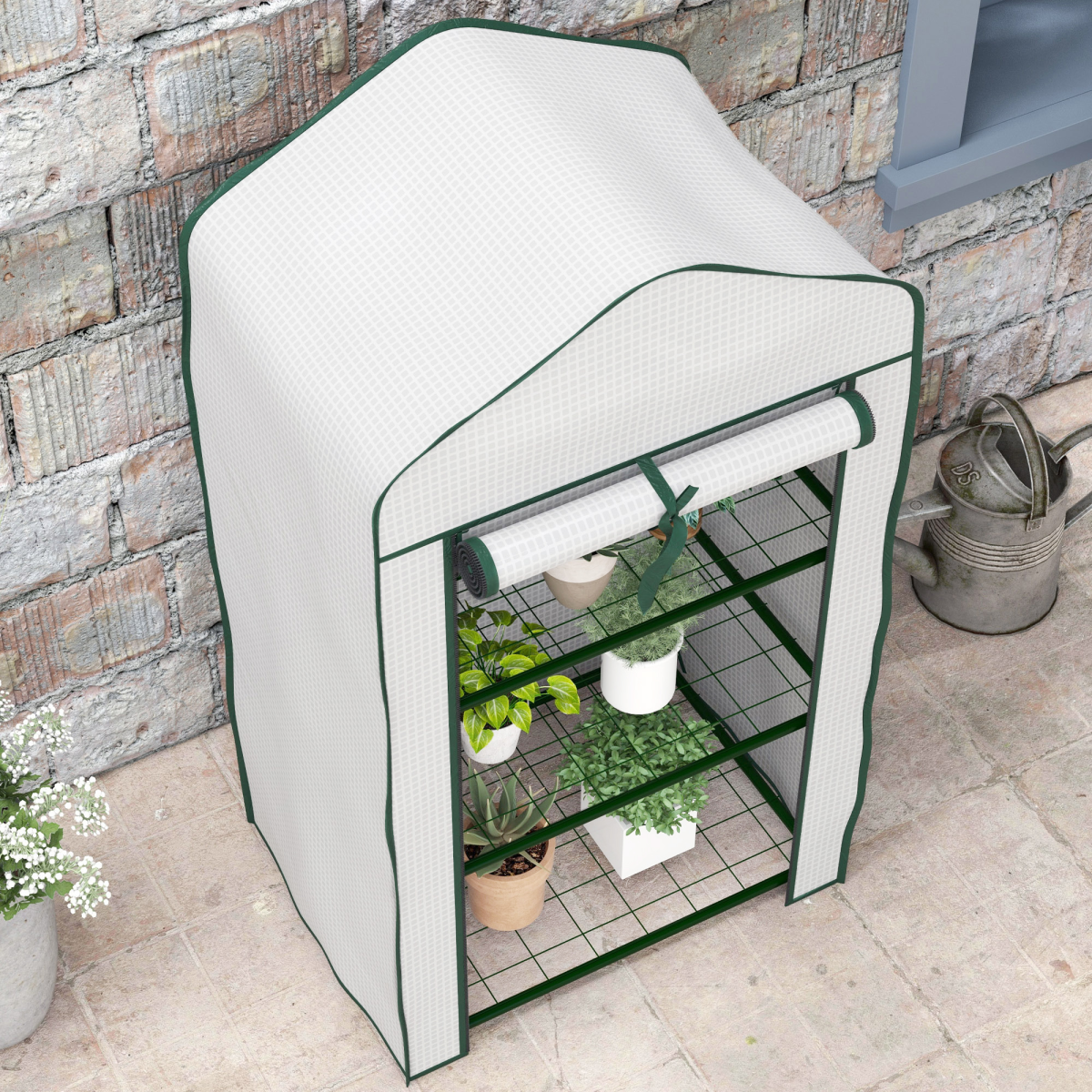 Outsunny Portable Mini Greenhouse with Roll-Up Door and Wire Shelves
