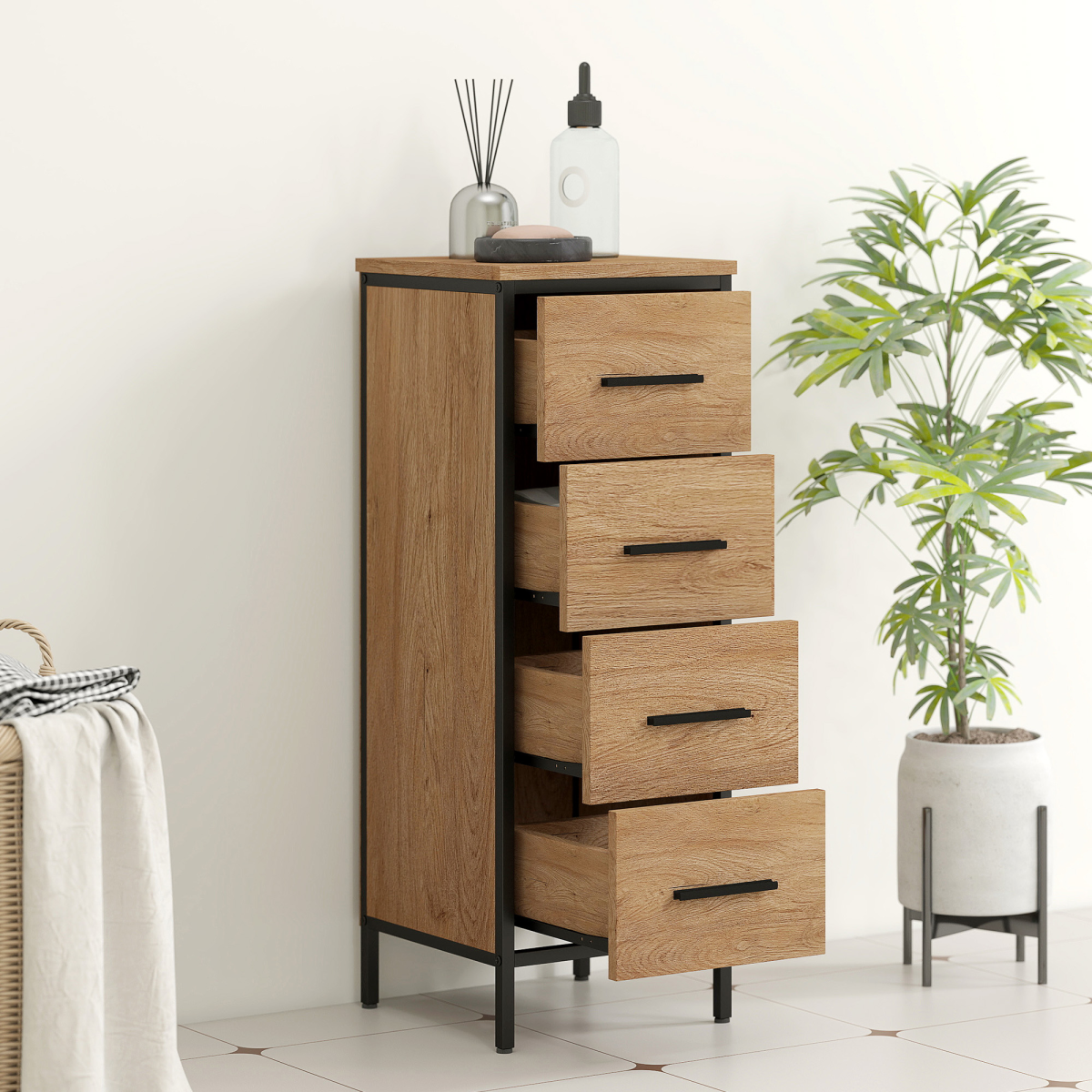 HOMCOM Narrow 4-Drawer Bathroom Storage Cabinet, Oak