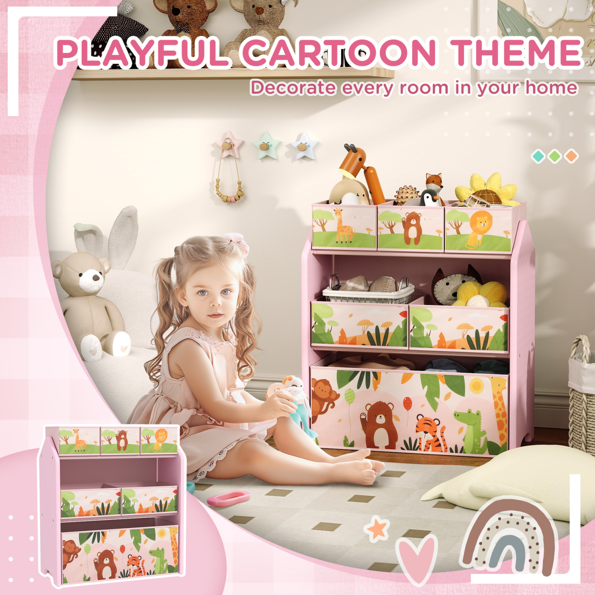 AIYAPLAY Kids 3-Tier Toy Storage Unit with 6 Removable Boxes, Pink