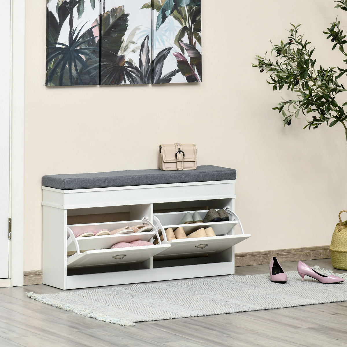 Shoe Storage Bench with Padded Seat Cushion and 2-Drawer Cabinet Organizer