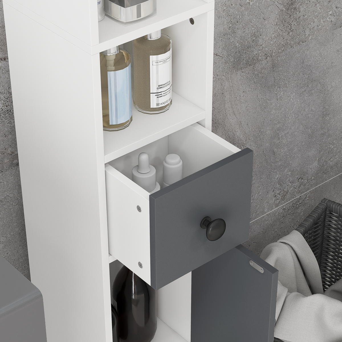 kleankin Slim Grey Bathroom Cabinet with Drawer and Open Shelves