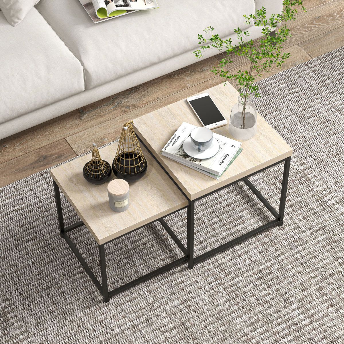 HOMCOM Set of 2 Nesting Coffee Tables with 3.5cm Top, Oak