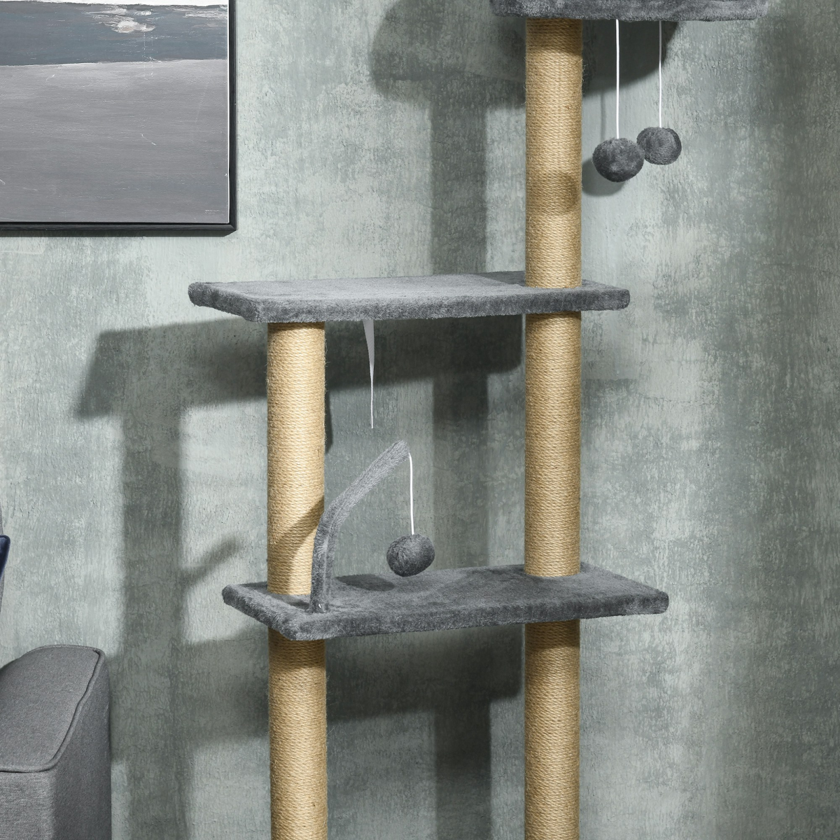 PawHut 6-Tier Floor-to-Ceiling Cat Tree with Bed, Hammock, Grey