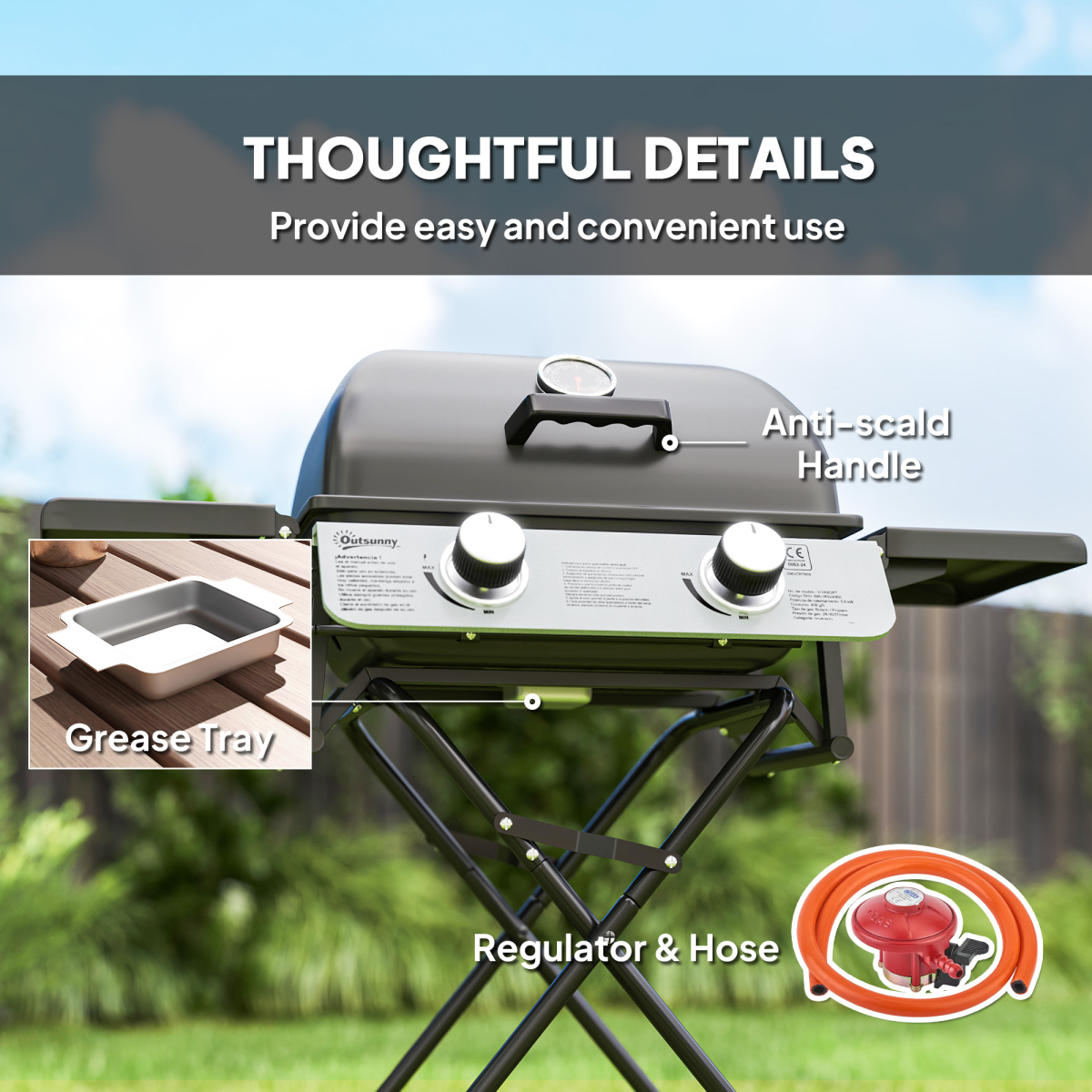 Outsunny Portable Foldable Gas Barbecue Grill with Thermometer, Black