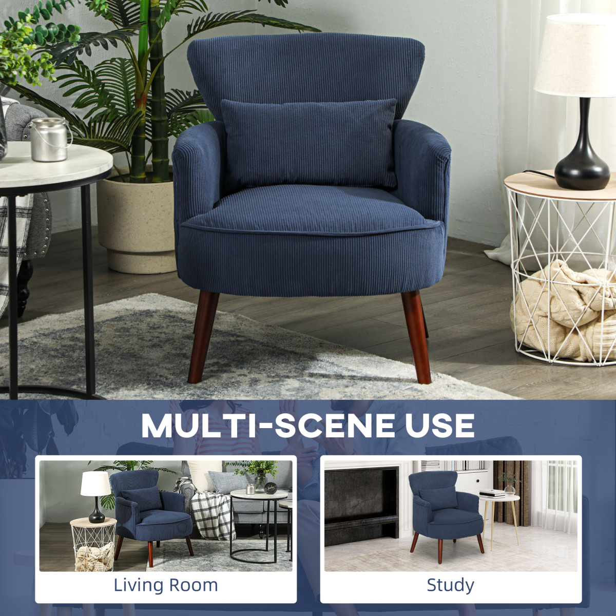 HOMCOM Blue Corduroy Wingback Armchair with Padded Seat & Backrest