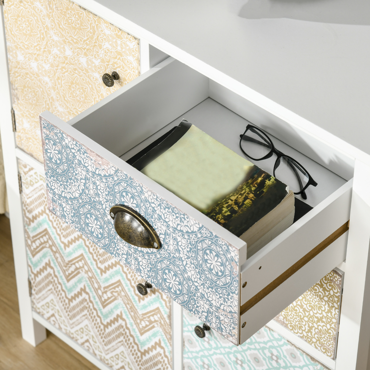 HOMCOM Bohemian Sideboard Storage Chest with 2 Drawers and 3 Cupboards, Colourful Pattern Design, Wood and MDF, Anti-Tipping Straps, Assembly Required