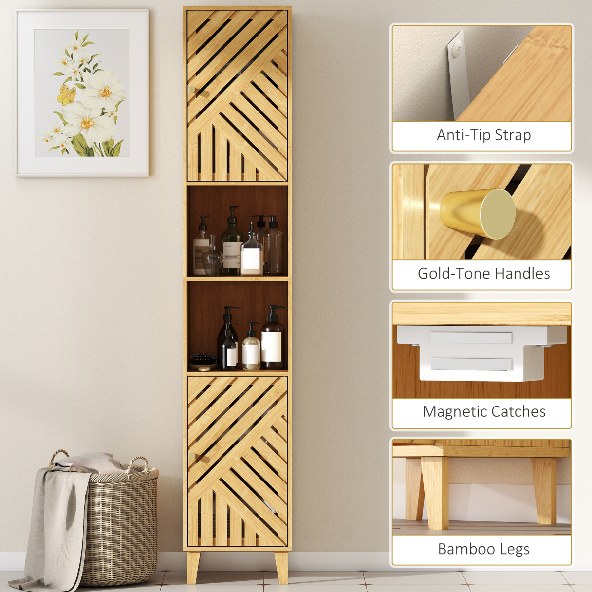 HOMCOM Tall Bathroom Storage Cabinet with Open Compartments, Adjustable Shelves