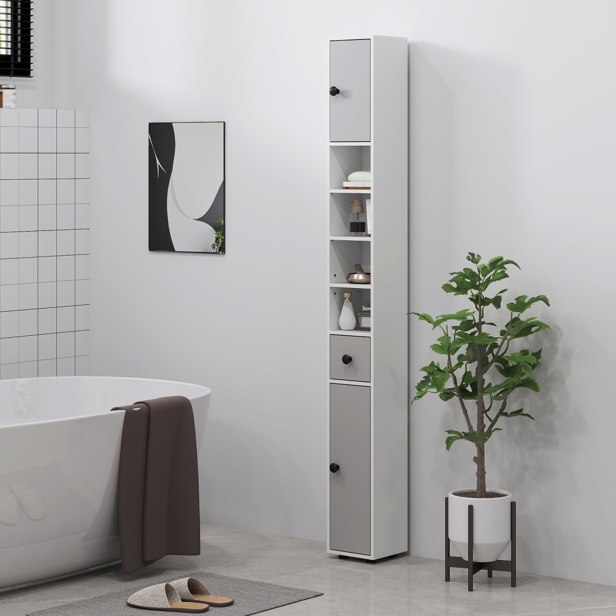 kleankin Slim Bathroom Storage Cabinet with Shelves, Light Grey