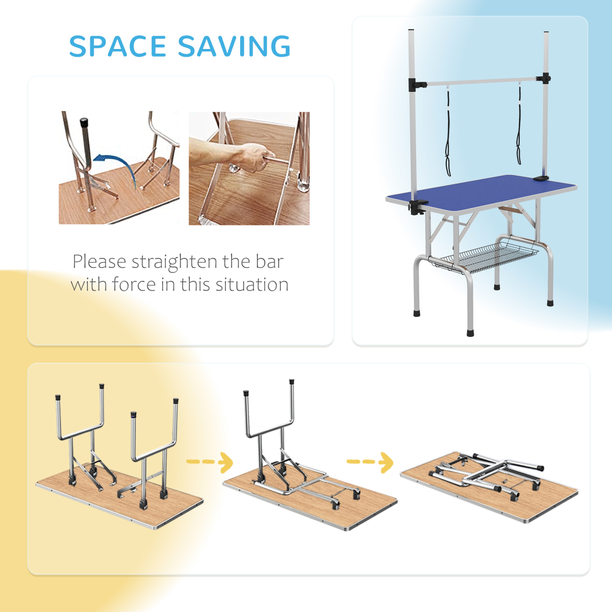 Adjustable Metal Dog Grooming Table with Rubber Top, 2 Safety Slings, Mesh Tray, PawHut