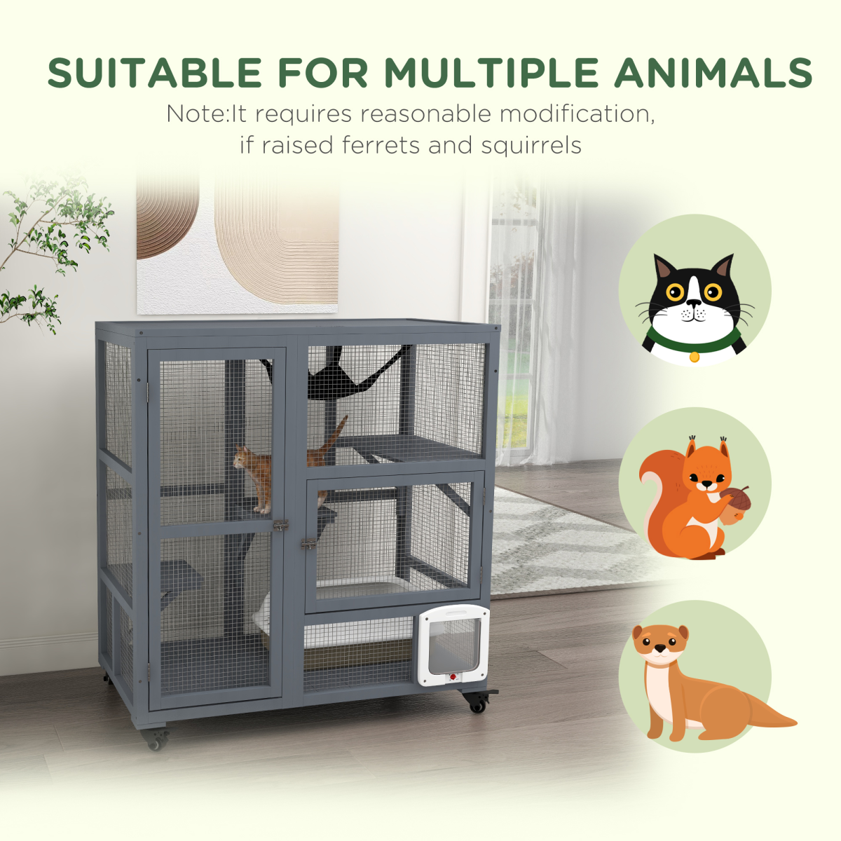 PawHut Outdoor Cat House Catio on Wheels with Platforms & Hammock