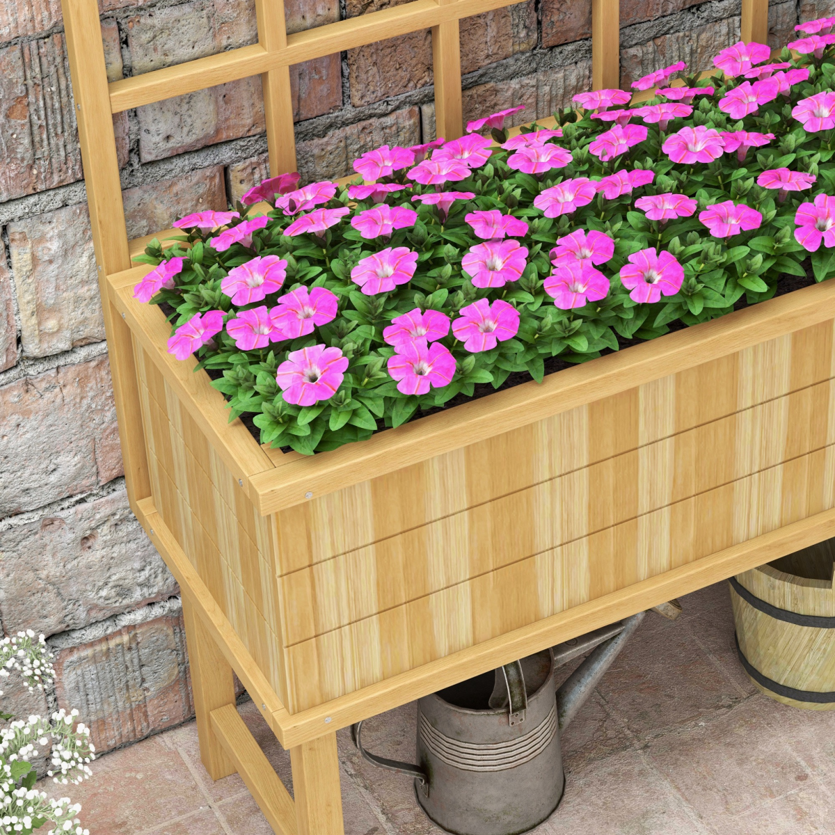 Outsunny Natural Wood Raised Planter Box with Trellis, Drain Holes, Elevated Garden Bed