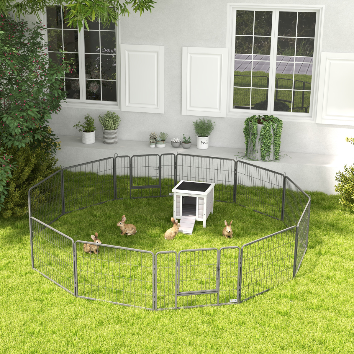 Wooden Rabbit Hutch Outdoor Pet Habitat with Openable Asphalt Roof, Elevated Floor and Ramp Door
