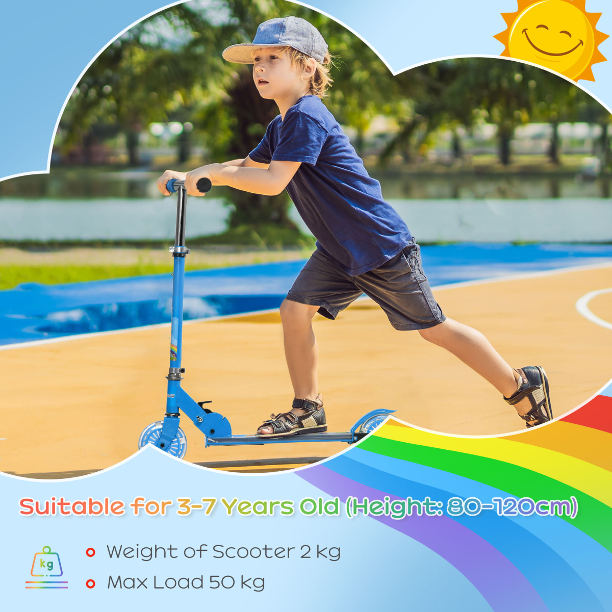 HOMCOM Kids Scooter, Ages 3-7, Lights, Music & Adjustable Height, Blue