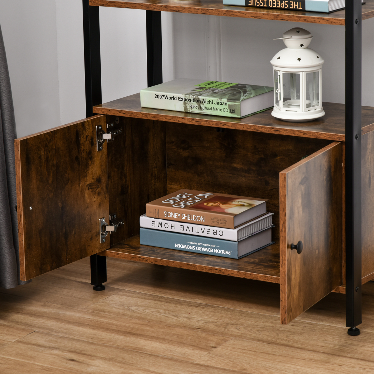 Industrial 3-Shelf Bookcase with Cupboard, Brown and Black