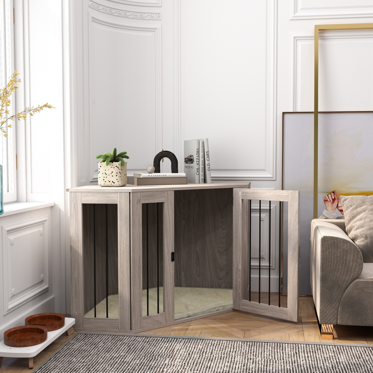 PawHut Medium Dog Crate Furniture Side Table with Cushion, Walnut Brown