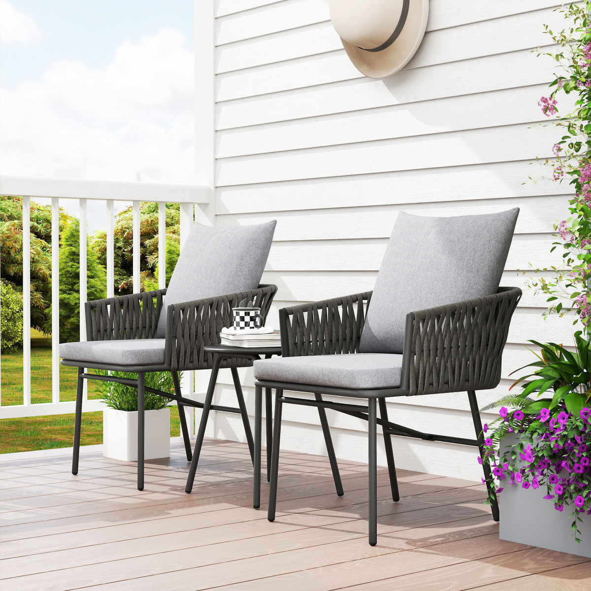 Outsunny Grey Rattan Bistro Set with Table and 4 Cushions
