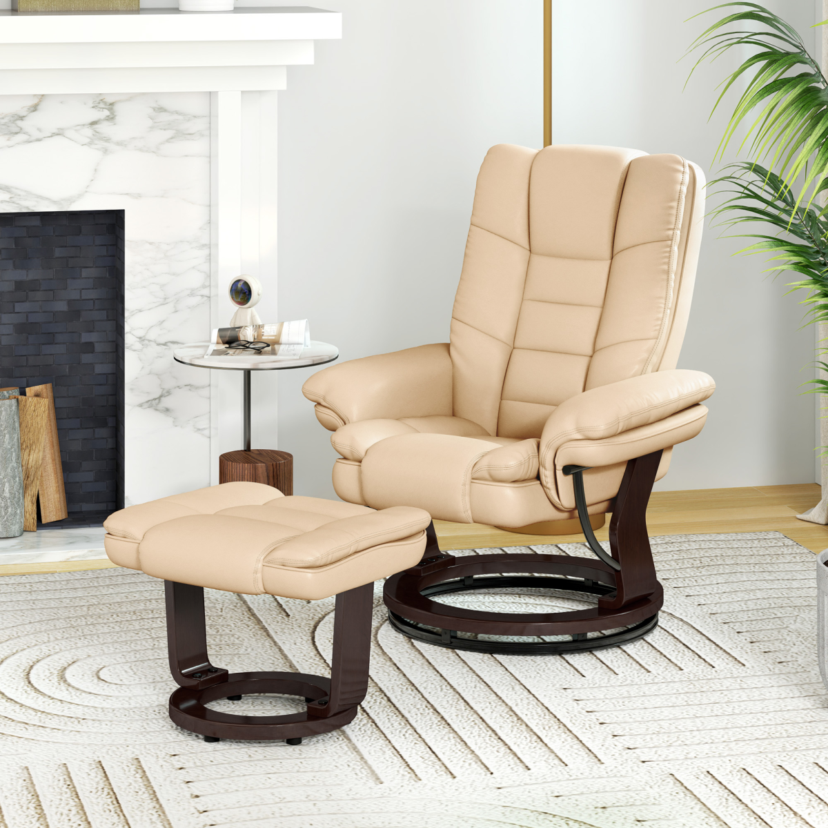 HOMCOM Beige PU Leather Swivel Manual Recliner Chair with Footrest
