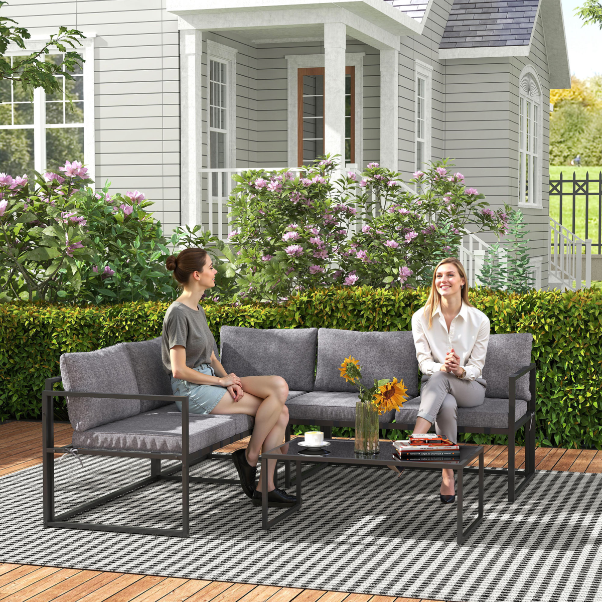 Outsunny 3-Piece Grey Garden Furniture Set with Cushions