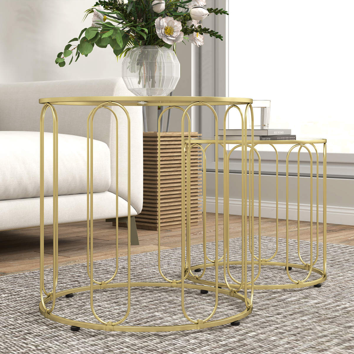 HOMCOM Set of 2 Nesting Coffee Tables with Glass Tops, Gold Tone