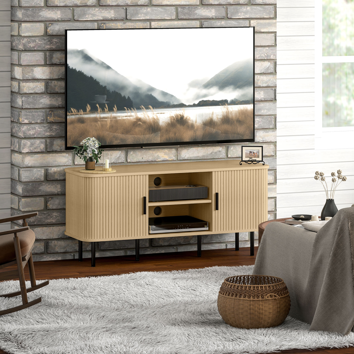 HOMCOM Oak Tone TV Stand with 2 Shelves, 2 Cupboards & Cable Hole