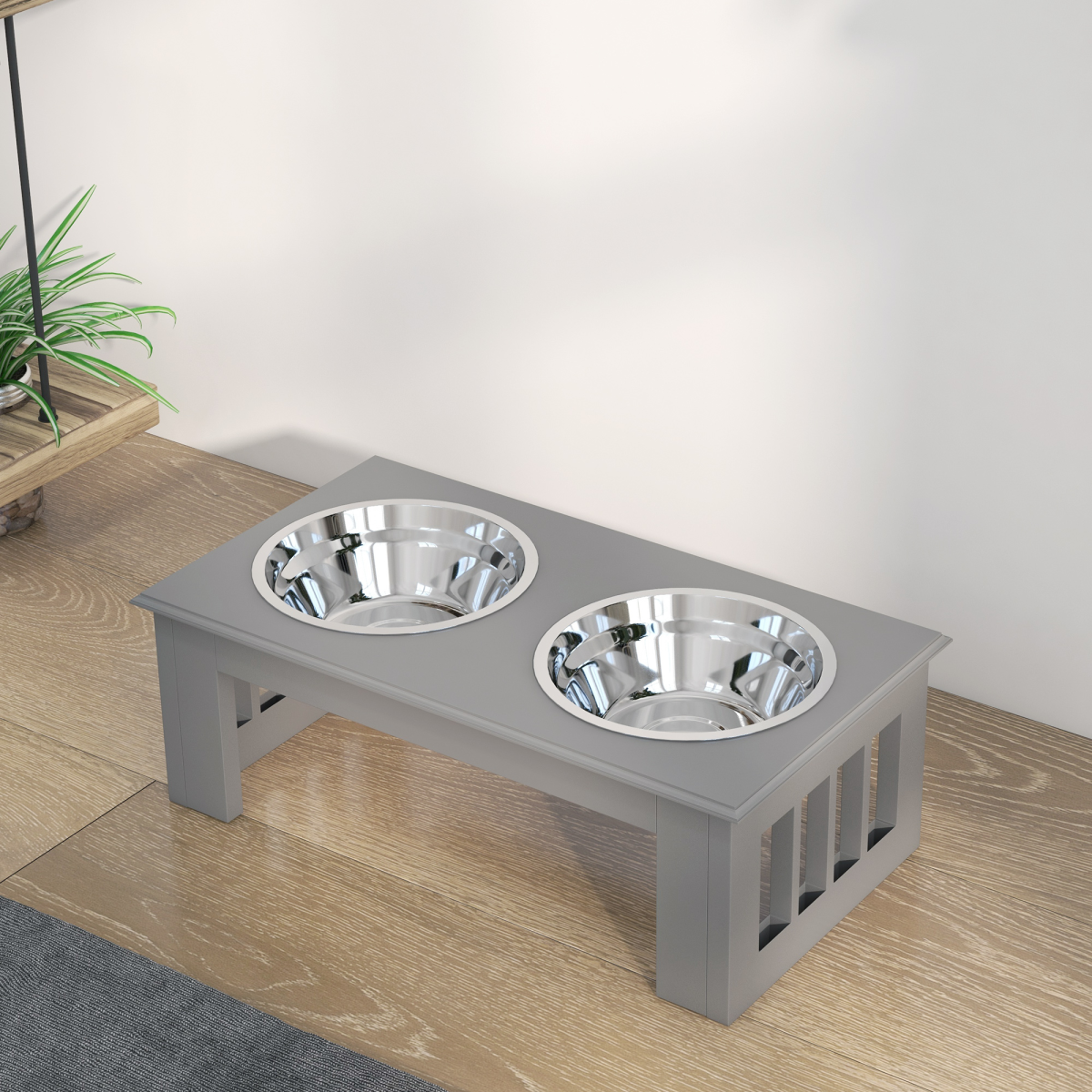 PawHut Elevated Dog Bowl Feeder, Stainless Steel Double Bowl, Grey