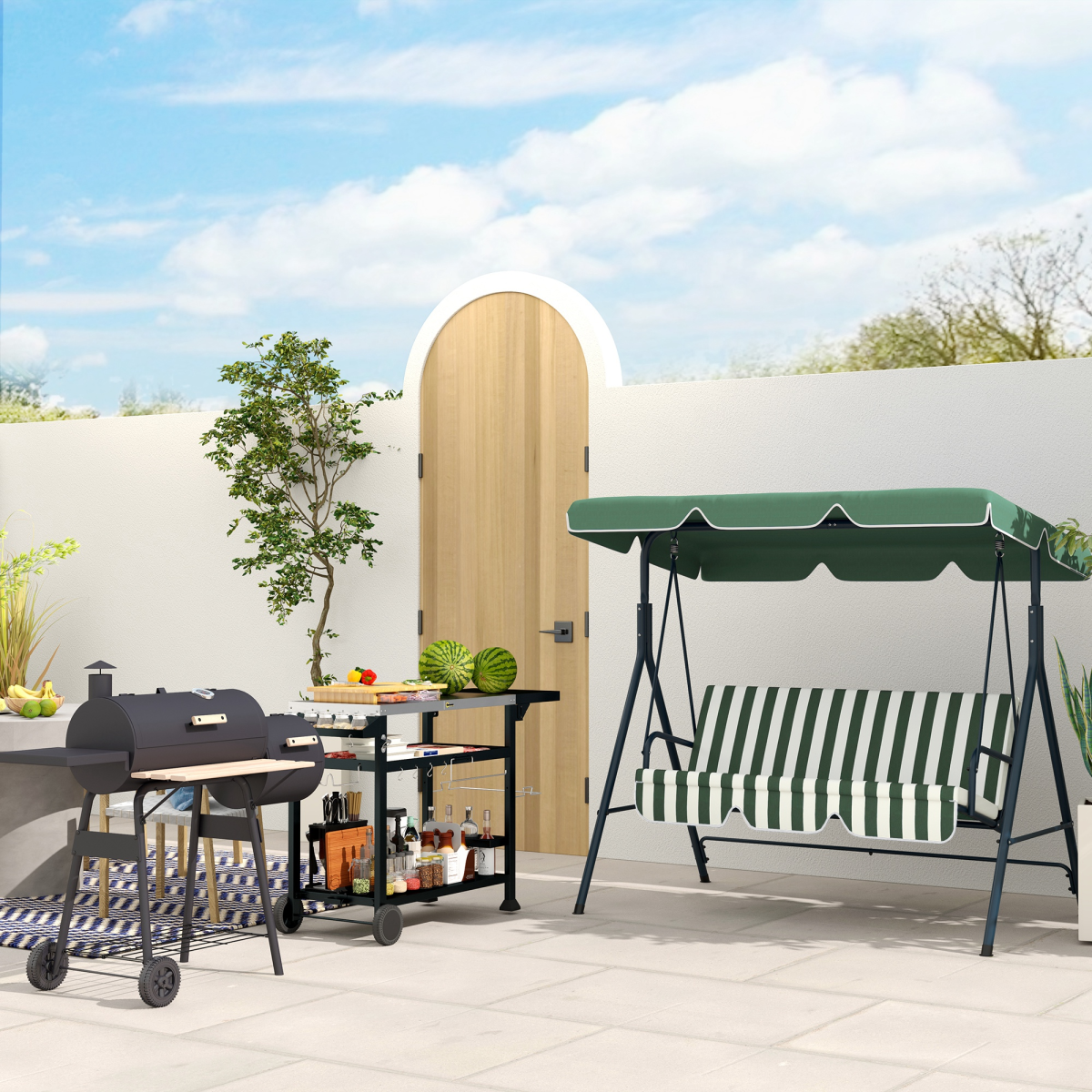 Outsunny Portable Charcoal BBQ Grill with Offset Smoker, Steel, Thermometer, Side Shelves and Wheels