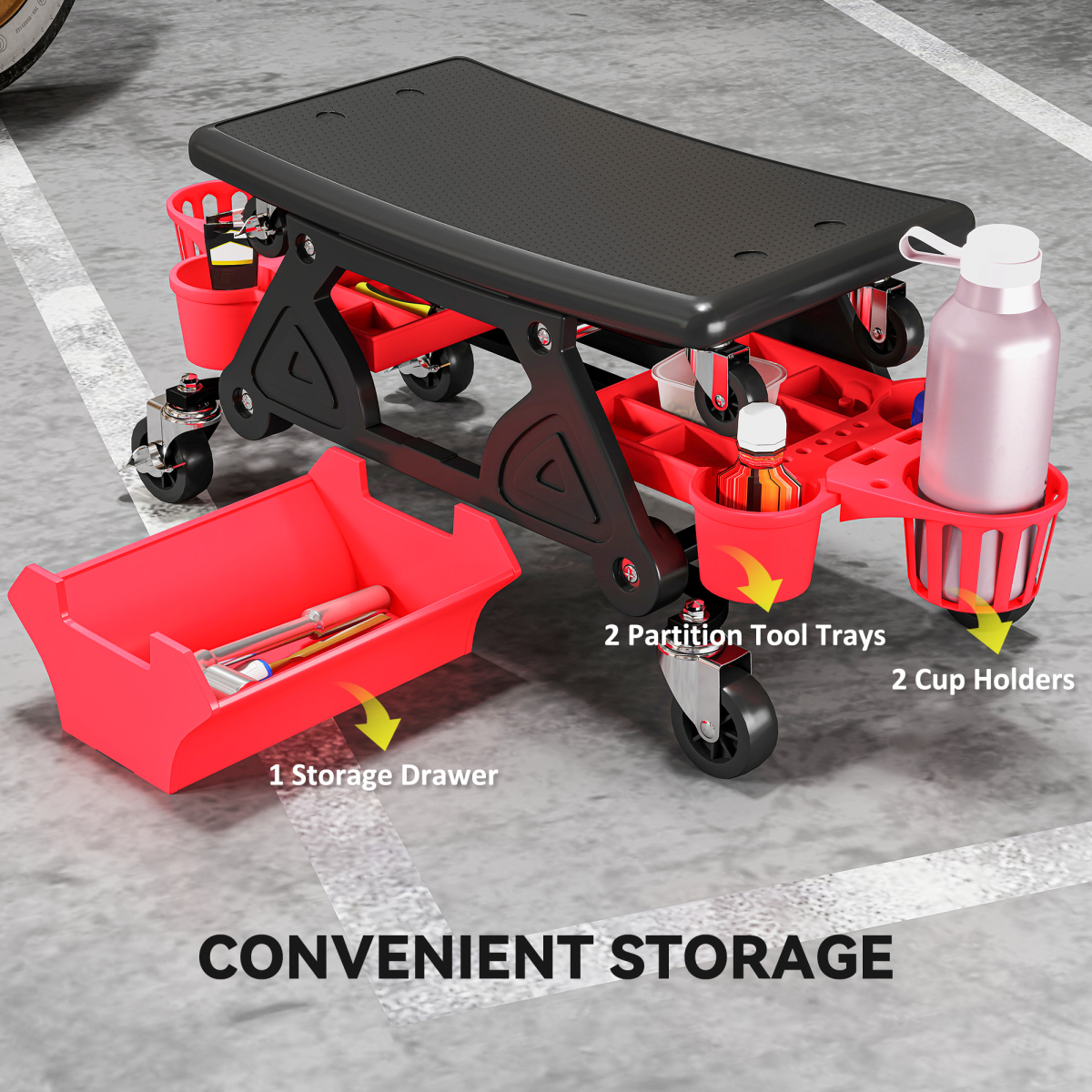 HOMCOM Rolling Mechanic Stool with Storage, 135kg Capacity, Red