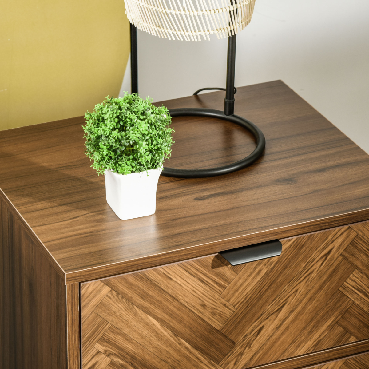 HOMCOM Side Cabinet with 2 Storage Drawers, Herringbone Pattern, Walnut Brown