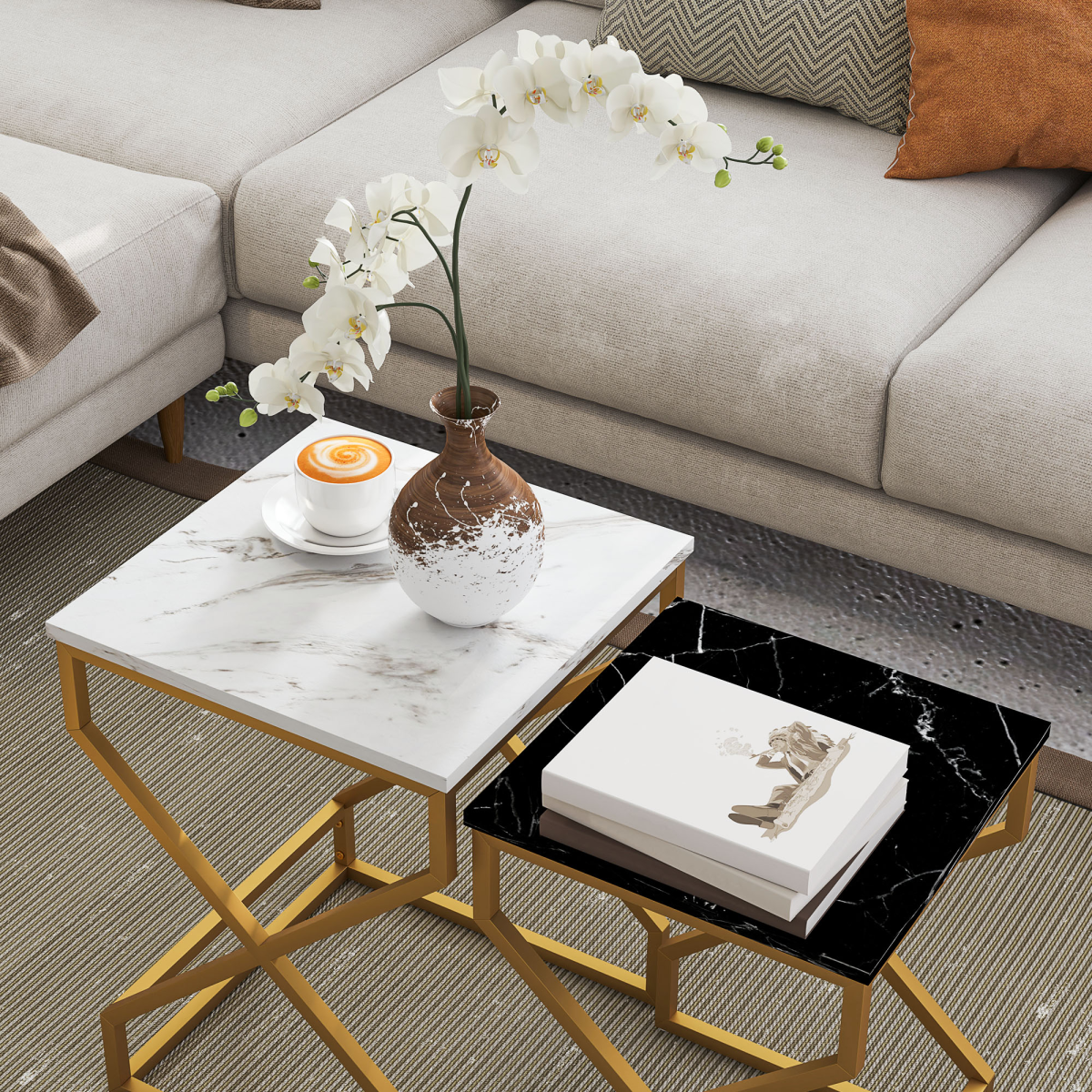 HOMCOM Nesting Coffee Tables Set, Marble-Effect Tops, Steel Frame, Black/White/Gold