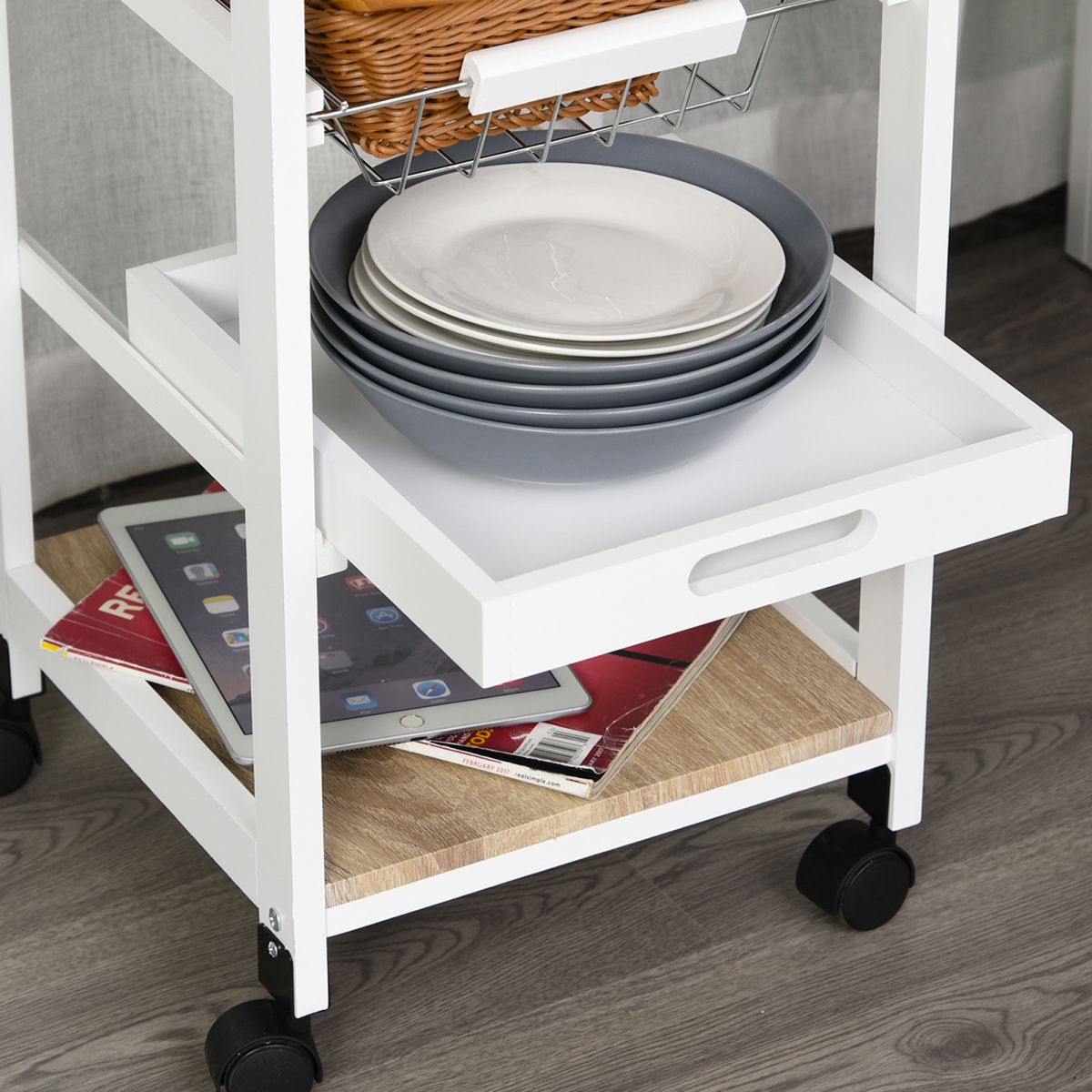 HOMCOM 5-Tier Kitchen Storage Trolley with Drawer, Wire Baskets, Pull-Out Tray and Bottom Shelf, White