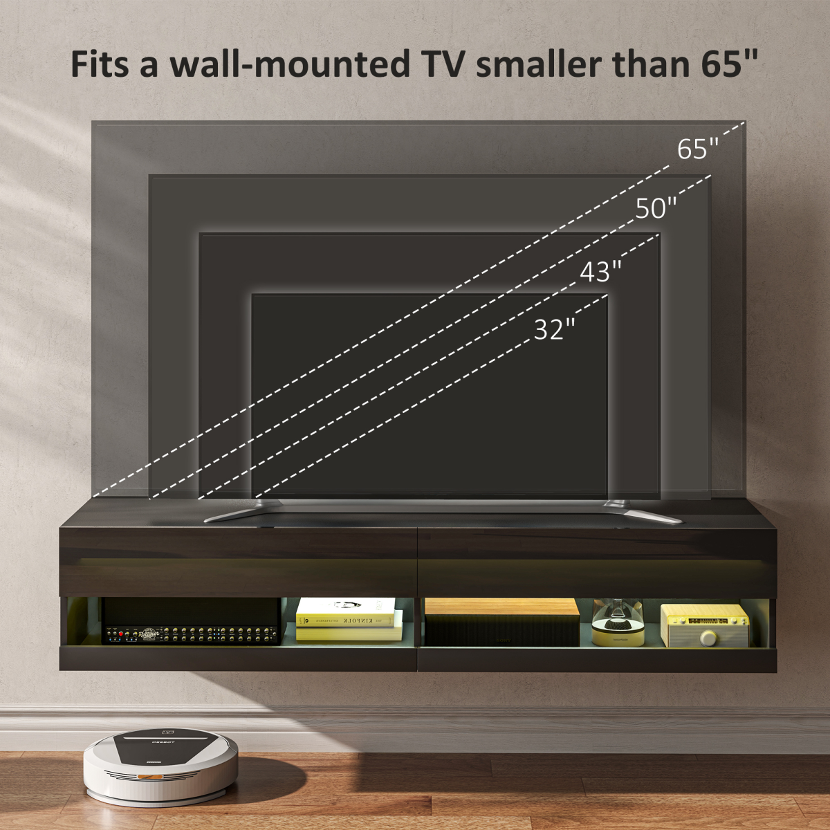 HOMCOM Wall-Mounted Media Console with LED Lights, Storage Shelves, 65" TV Support, High Gloss Black