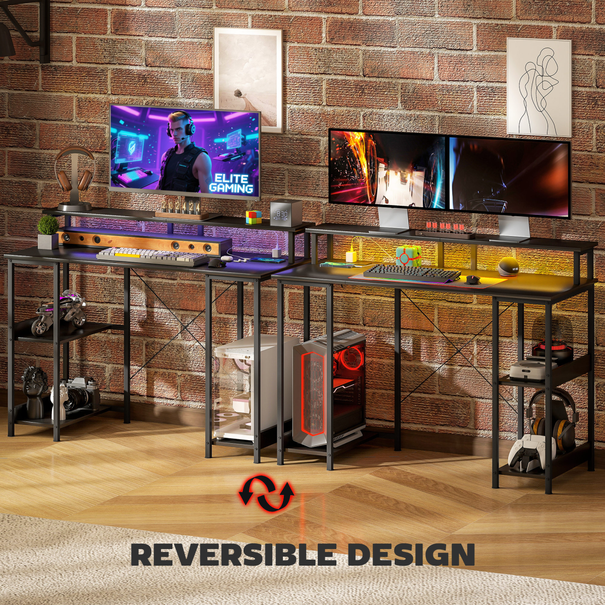 HOMCOM Reversible Computer Desk with Storage and Charging Station