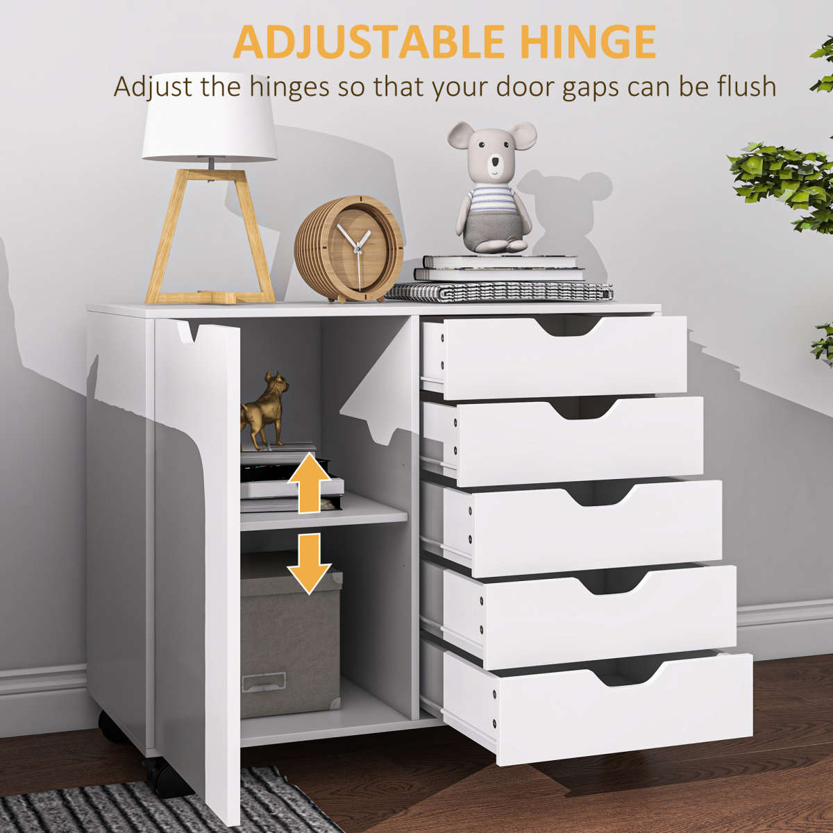 HOMCOM Modern Mobile Office Storage Cabinet with 5 Drawers & Door, White