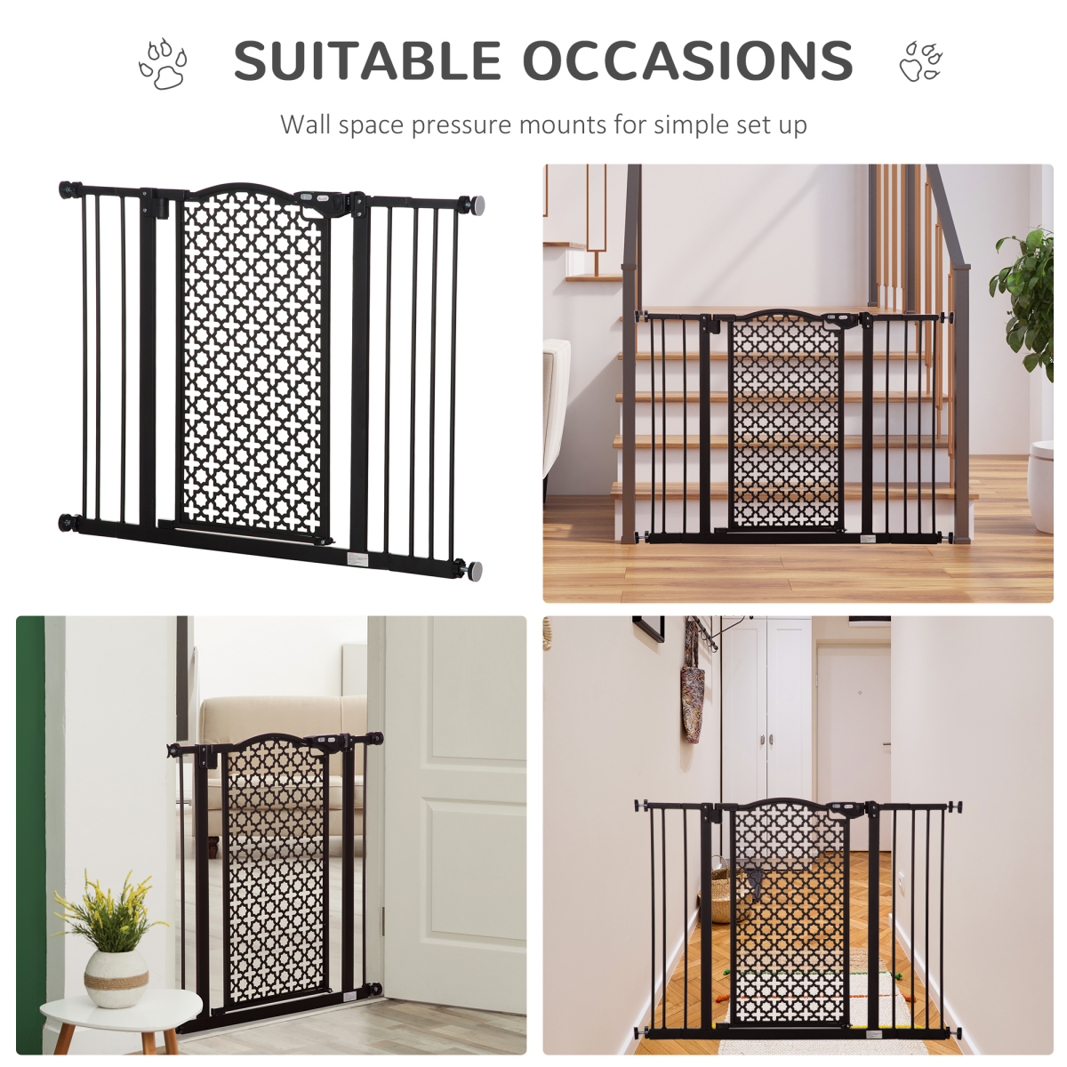 Pet Safety Gate 74-105 cm Pressure Fit Stair Gate with Double Locking, Automatic Closing, Steel Frame, Black