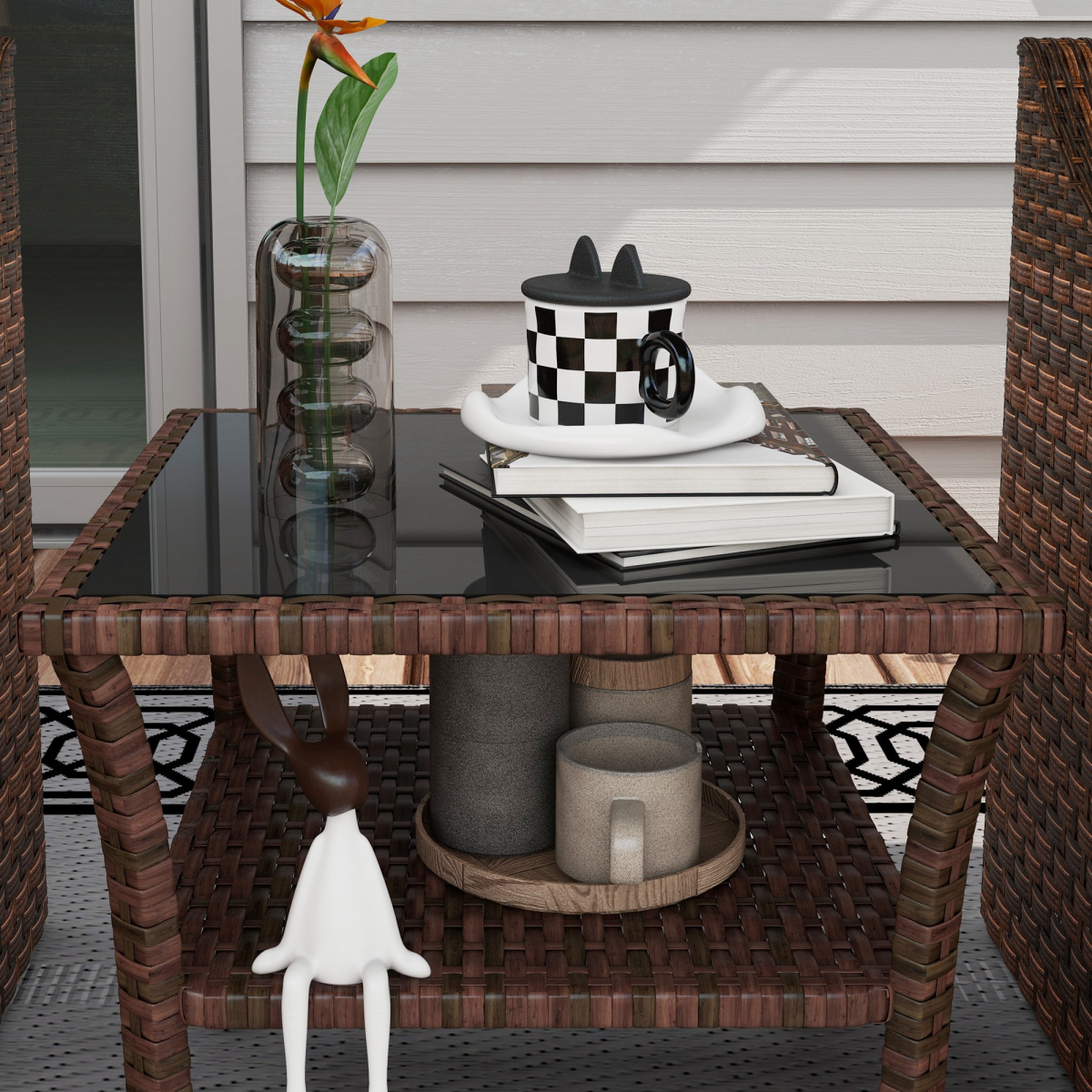 Outsunny PE Rattan Coffee Table, Two-Tier Table with Tempered Glass Top