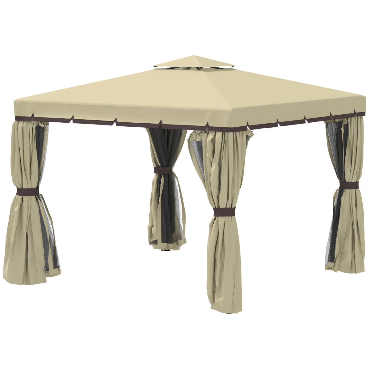 Outsunny 3x3m Patio Gazebo with Two-Tier Polyester Canopy, Mosquito Net, Aluminium and Steel Frame, Curtains