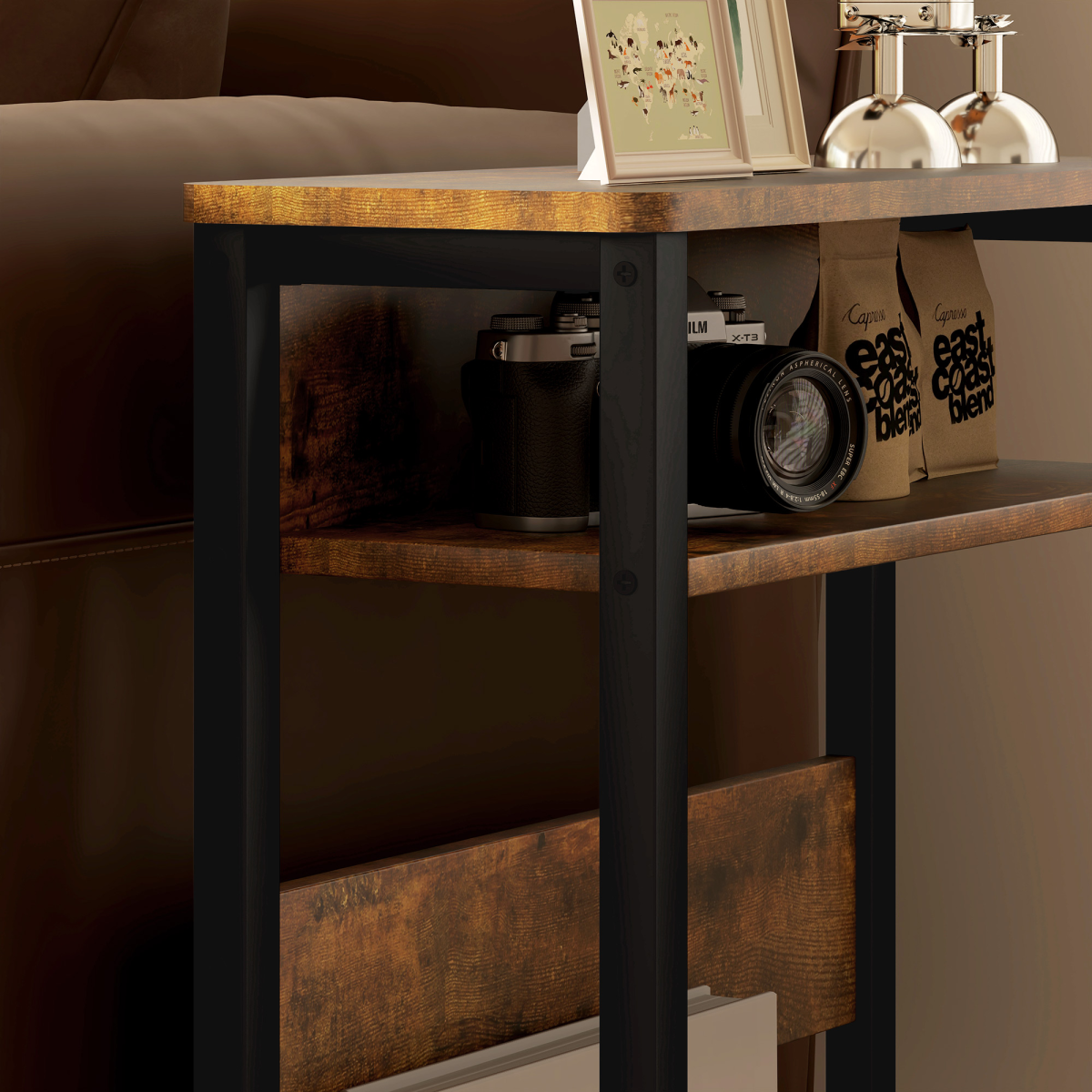 HOMCOM Narrow Industrial Side Table with Storage, Rustic Brown