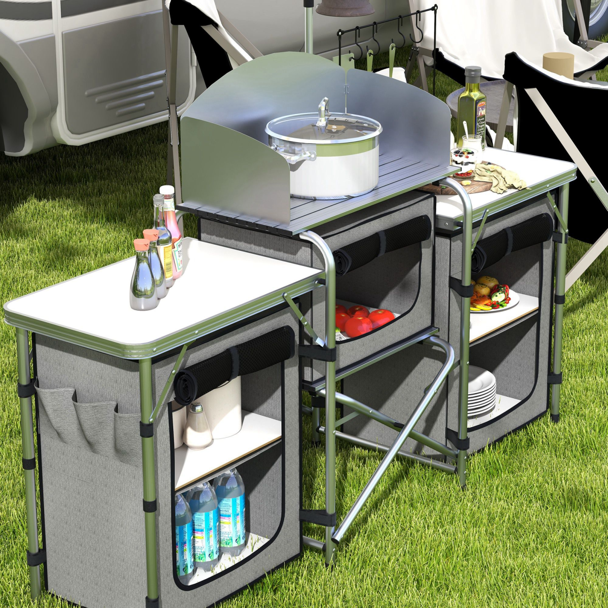 Outsunny Folding Camping Kitchen with Windshield, Lamp Stand & Carry Bag