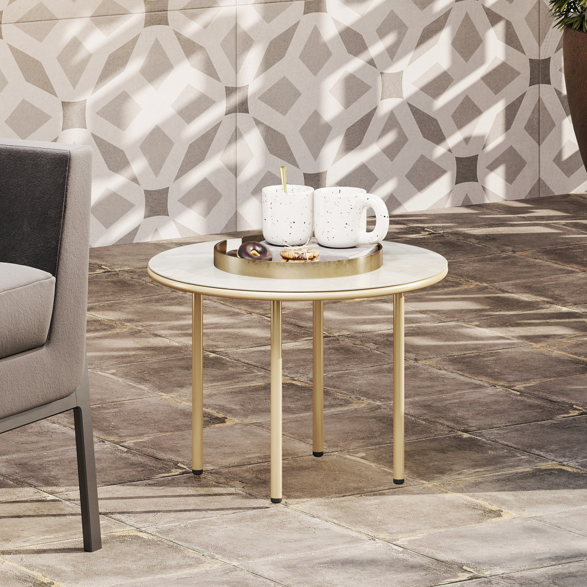 Outsunny Round Garden Table with Faux Marble Tempered Glass Top, Beige