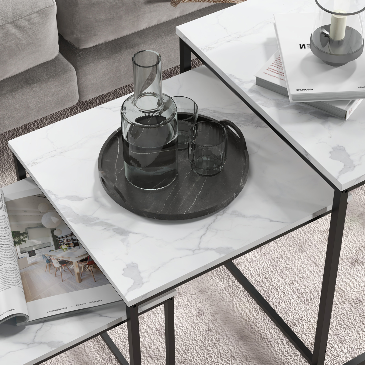 HOMCOM Set of 3 Nesting Coffee Tables, White Marble Effect