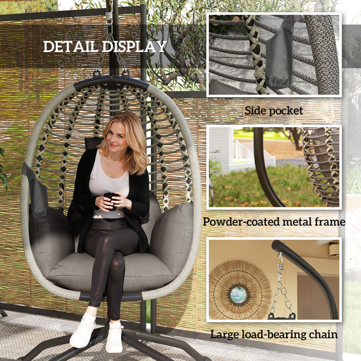 Outsunny Padded Folding Basket Chair with Cup Holders, Dark Grey
