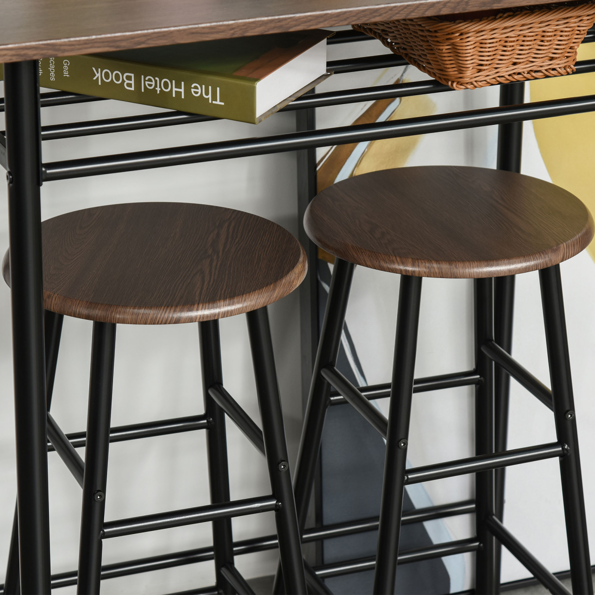 HOMCOM Bar Set with 1 Table and 2 Stools, Metal Frame, Black and Oak