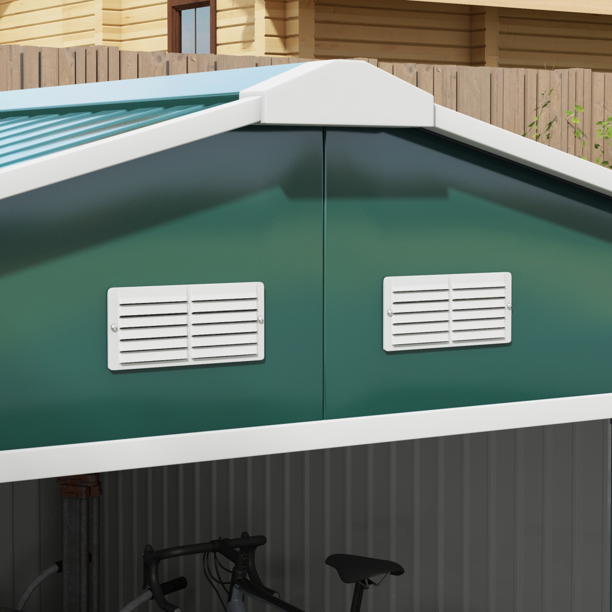 Outsunny 13ft x 11ft Green Metal Storage Shed with Sliding Double Doors, Sloping Roof, Ventilation and Floor Foundation